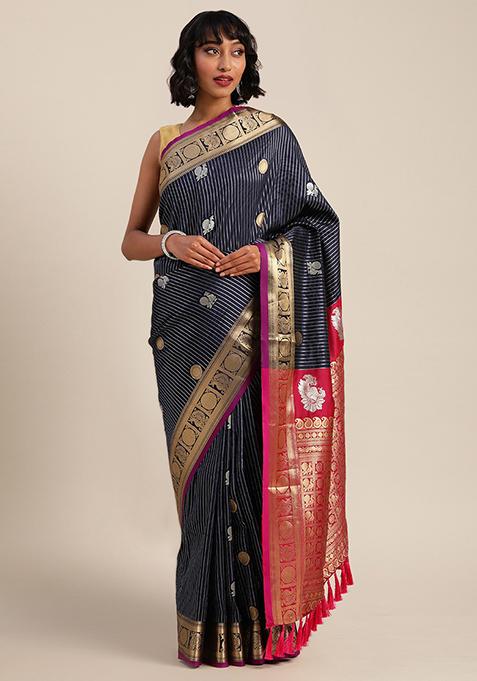 Navy Blue Zari Woven Banarasi Silk Saree Set