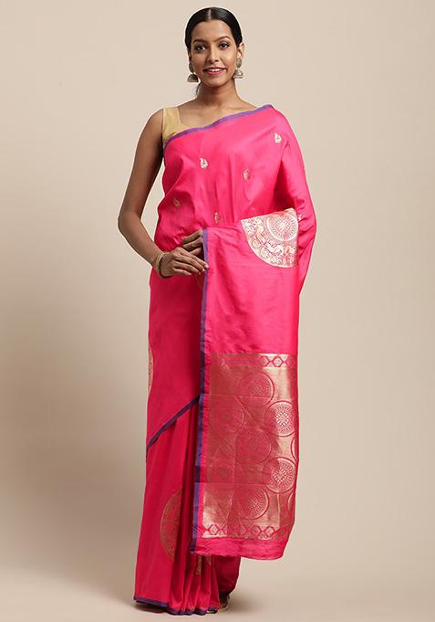 Pink Katan Silk Zari Weaving Saree Set