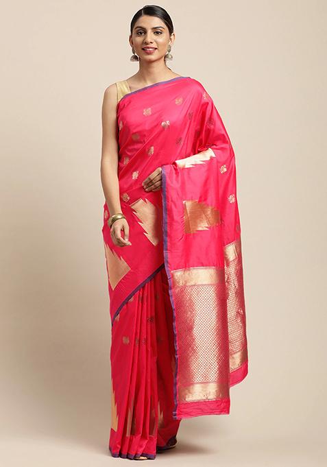 Pink Banarasi Silk Kanchi Zari Weaving Saree Set