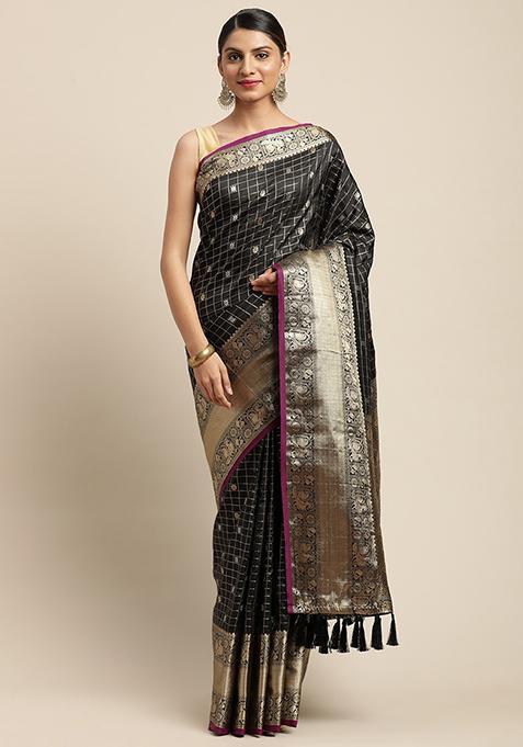 Black Kanjivaram Silk Kanchi Zari Work Saree Set