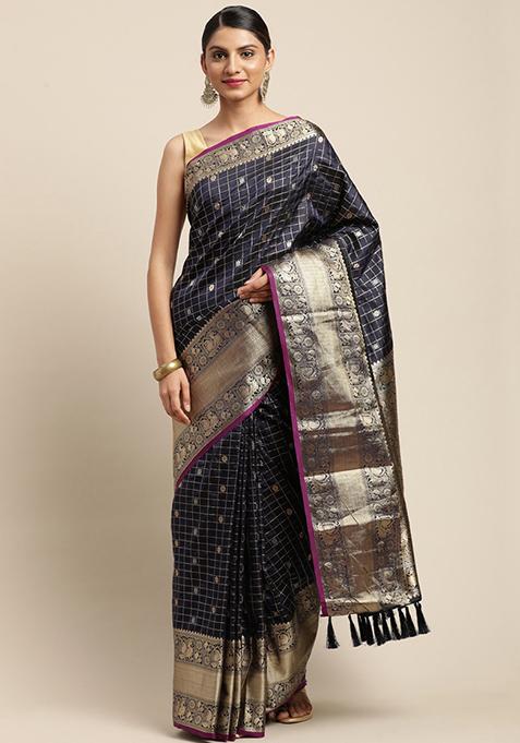 Navy Blue Kanjivaram Silk Kanchi Zari Weaving Saree Set