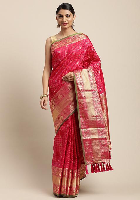 Pink Kanjivaram Silk Kanchi Zari Weaving Saree Set