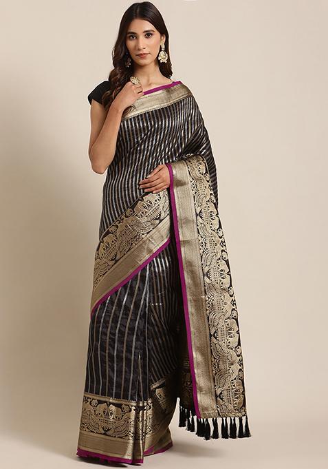 Black Banarasi Silk Striped Saree Set