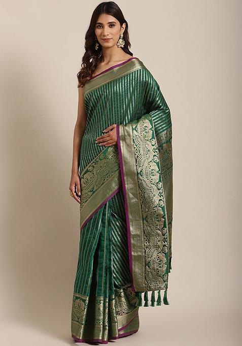 Green Banarasi Silk Striped Blend Saree Set