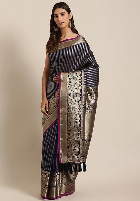 Navy Blue Banarasi Silk Striped Saree Set