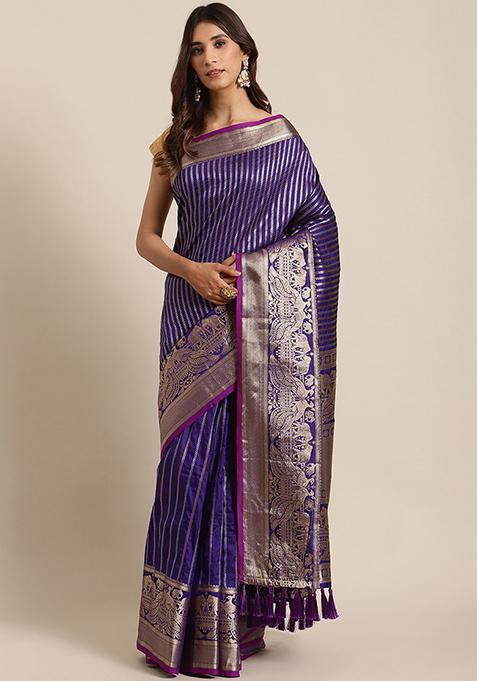 Purple Banarasi Silk Striped Saree Set