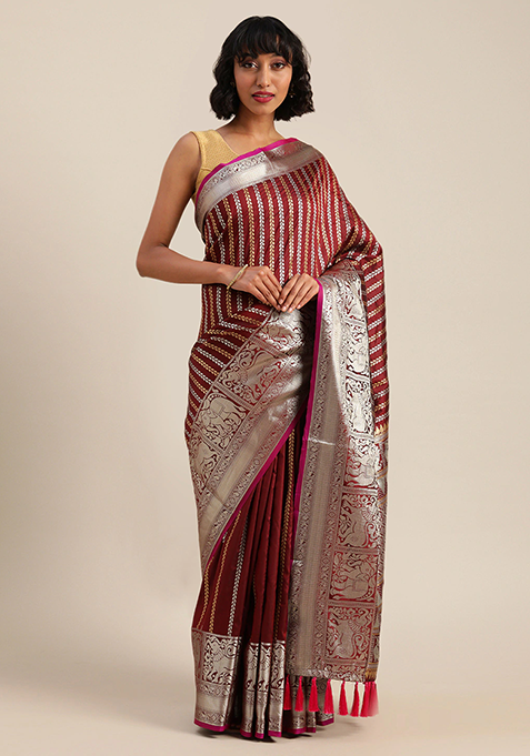 Maroon Banarasi Silk Blend Zari Woven Saree Set