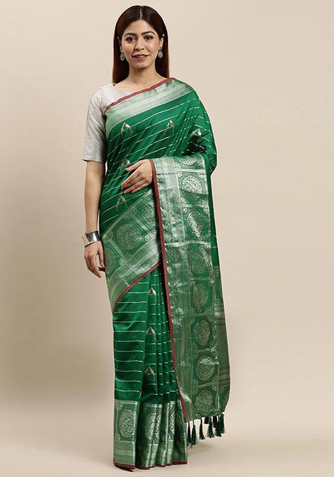 Dark Green Banarasi Striped Silk Blend Saree Set