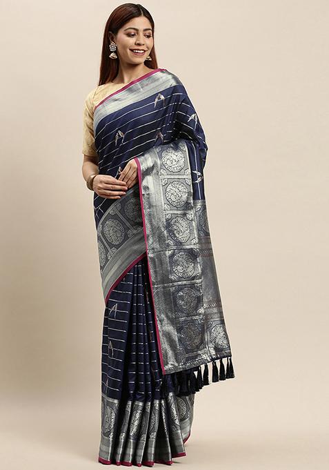 Navy Blue Banarasi Striped Silk Blend Saree Set