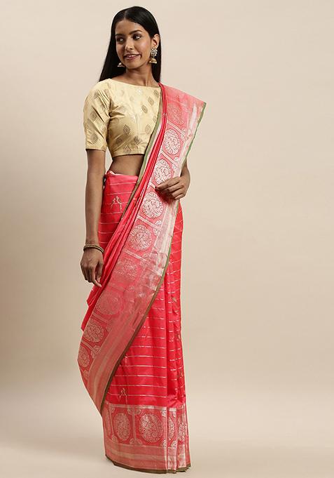 Peach Banarasi Striped Silk Blend Saree Set