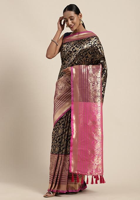 Black Banarasi Striped Silk Blend Saree Set