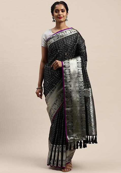 Black Checked Banarasi Silk Saree Set