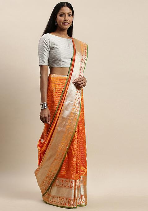 Orange Checked Banarasi Silk Saree Set