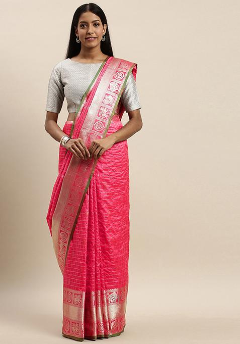 Pink Checked Banarasi Silk Saree Set