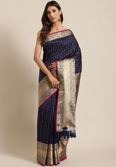 Navy Blue Digital Woven Design Banarasi Silk Saree Set