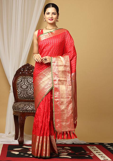 Red Digital Woven Design Banarasi Silk Saree Set