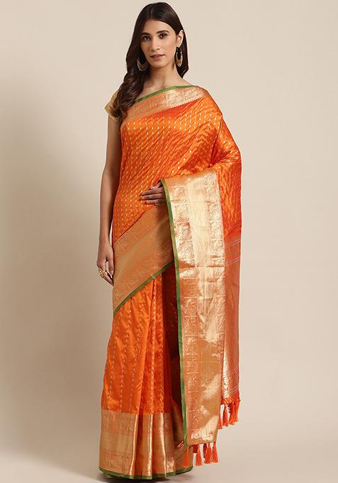 Orange Digital Woven Design Banarasi Silk Saree Set