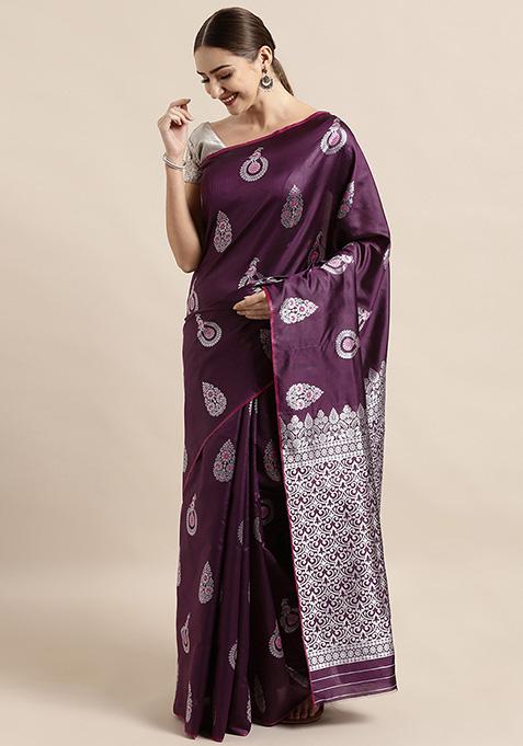 Wine Banarasi Katan Silk Zari Weaving Saree Set