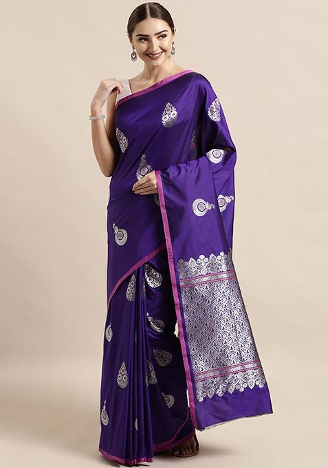 Indigo Banarasi Katan Silk Zari Weaving Saree Set