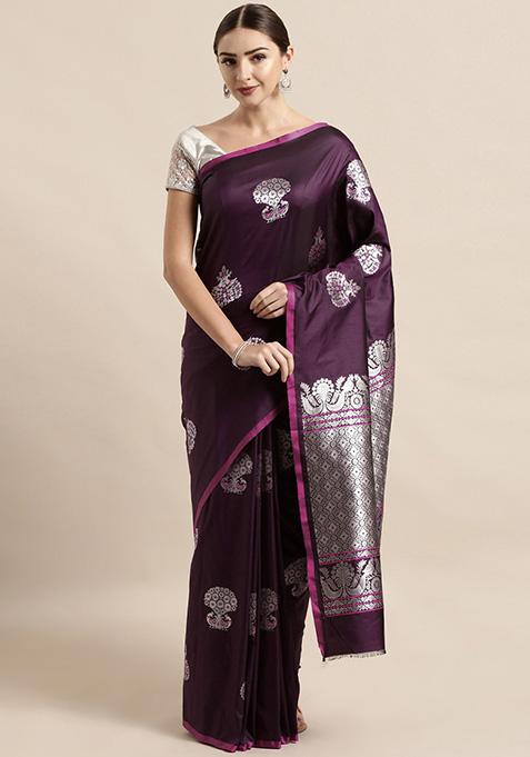 Plum Banarasi Katan Silk Zari Weaving Saree Set