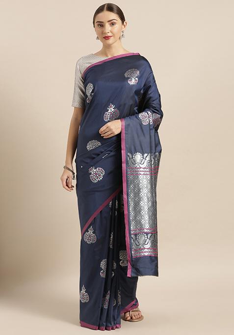 Navy Blue Zari Weaving Banarasi Silk Saree Set