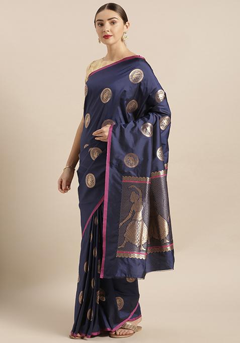 Navy Blue Ethnic Motifs Zari Banarasi Silk Saree Set