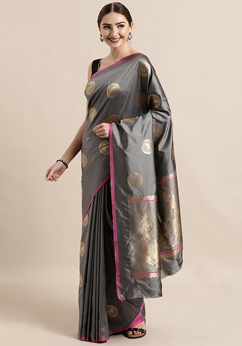 Grey Ethnic Motifs Zari Banarasi Silk Saree Set