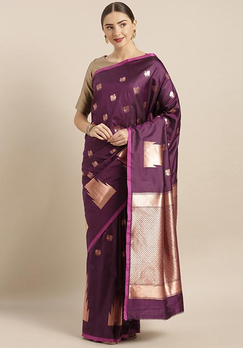 Wine Geometric Print Zari Banarasi Silk Saree Set