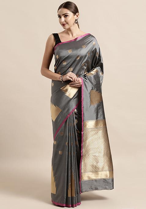 Grey Geometric Print Zari Banarasi Silk Saree Set