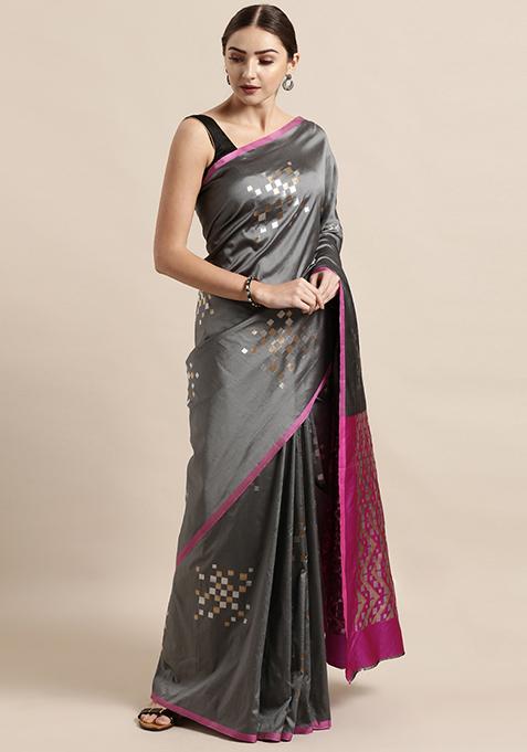 Grey Blend Woven Banarasi Silk Saree Set