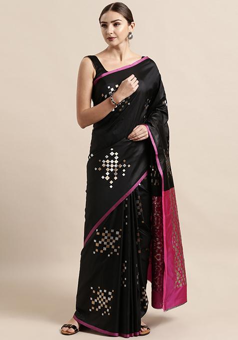 Black Blend Woven Banarasi Silk Saree Set