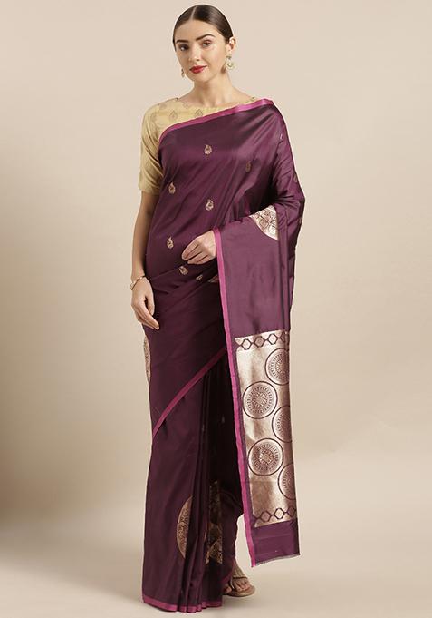 Wine Banarasi Silk Blend Woven Design Saree Set