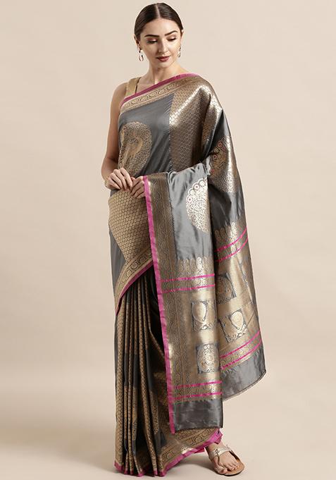 Grey Banarasi Silk Blend Woven Design Saree Set