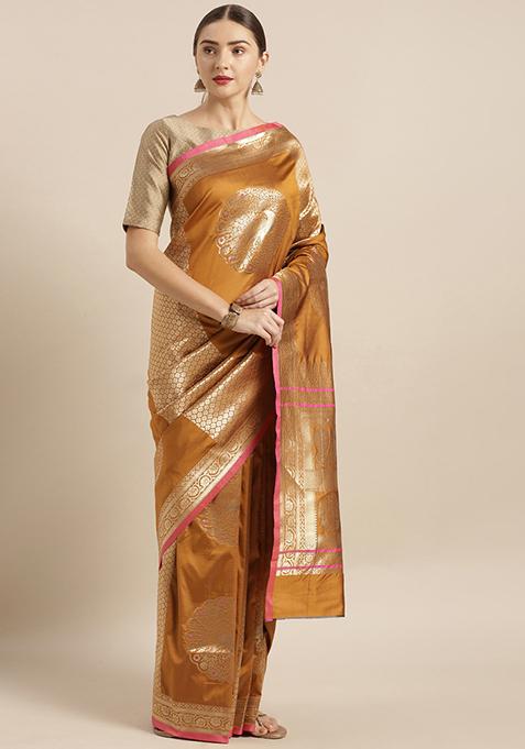 Mustard Banarasi Silk Blend Woven Design Saree Set