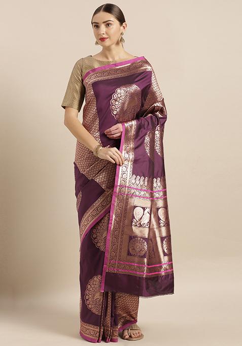 Wine Banarasi Silk Woven Design Saree Set