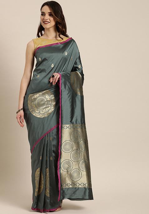 Grey Banarasi Silk Woven Design Saree Set