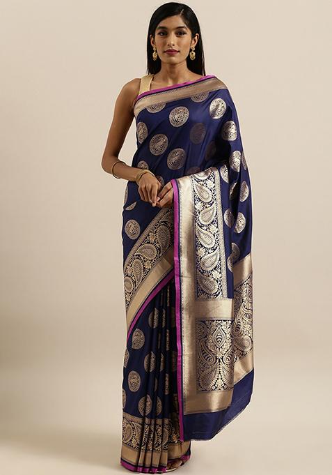 Navy Blue Blend Banarasi Silk Saree Set