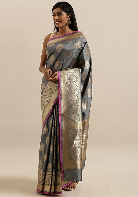 Grey Blend Banarasi Silk Saree Set