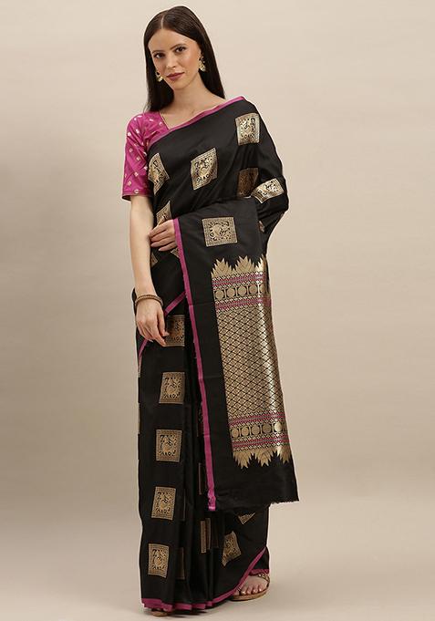 Black Kanjivaram Silk Blend Woven Design Saree Set