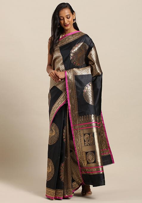 Black Banarasi Silk Woven Design Saree Set