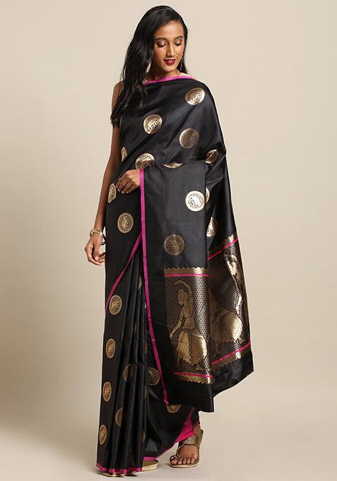 Black Kanjivaram Silk Blend Woven Saree Set