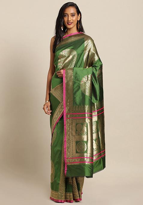 Green Kanjivaram Bottle Silk Blend Woven Design Saree Set