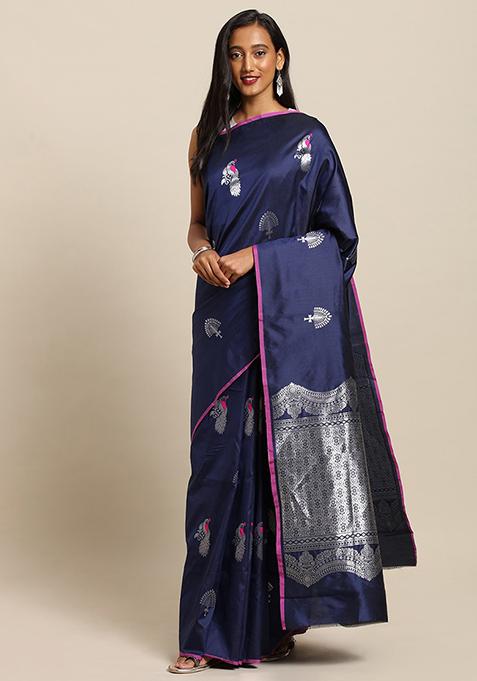 Navy Blue Blend Printed Kanjivaram Silk Saree Set