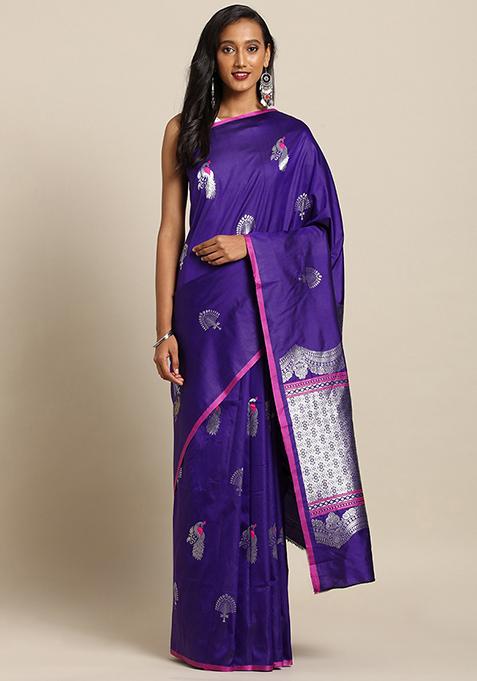 Indigo Blend Printed Kanjivaram Silk Saree Set