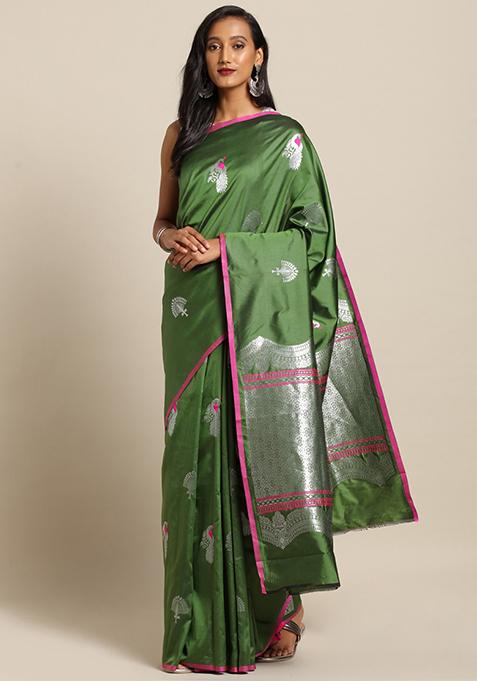 Olive Green Blend Printed Kanjivaram Silk Saree Set