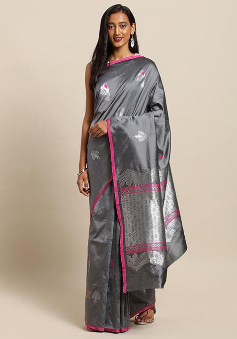 Grey Kanjivaram Silk Blend Woven Design Saree Set