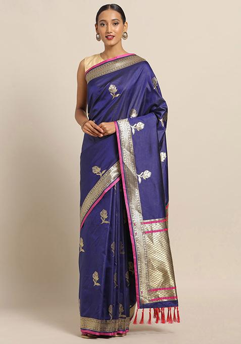 Blue Banarasi Silk Woven Design Saree Set