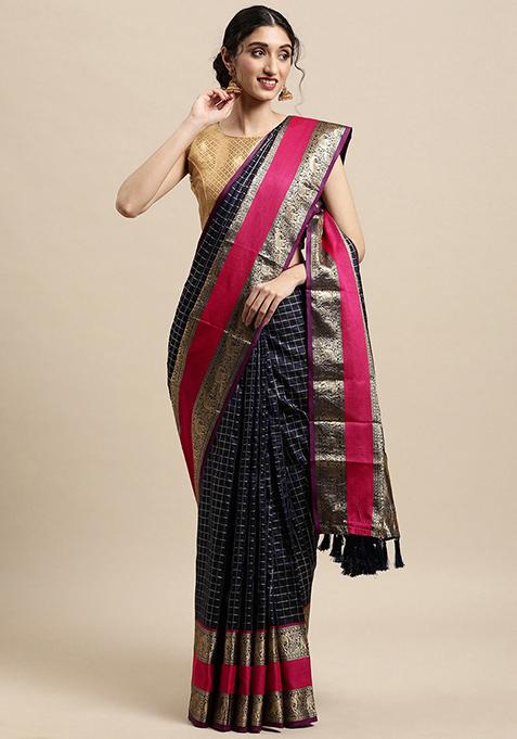 Navy Blue Checked Pattern Woven Border Saree Set