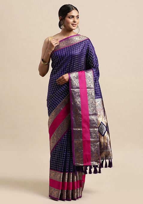 Purple Checked Pattern Woven Border Saree Set