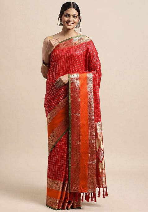 Red Checked Pattern Woven Border Saree Set